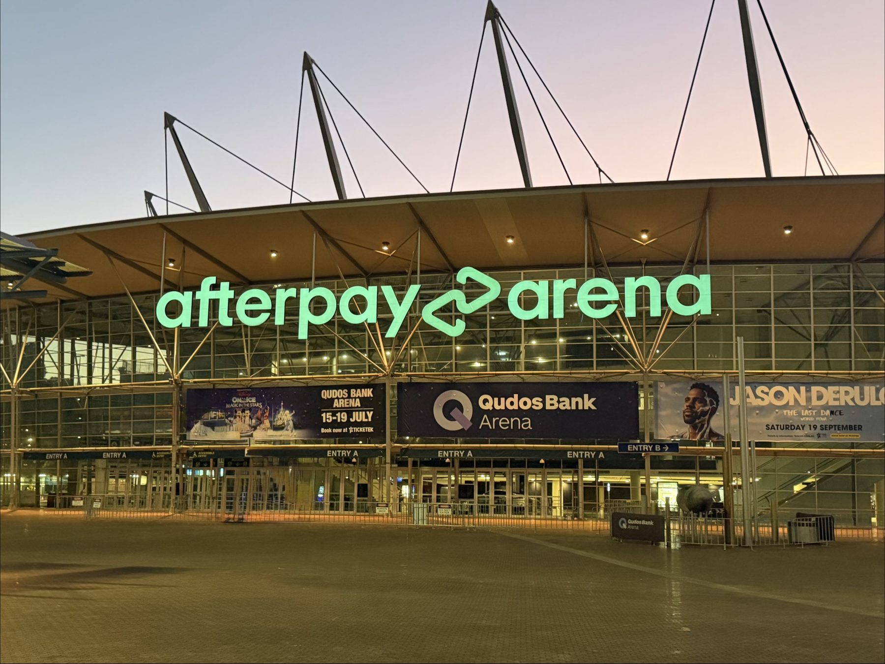 Afterpay Arena entrance signage at dusk