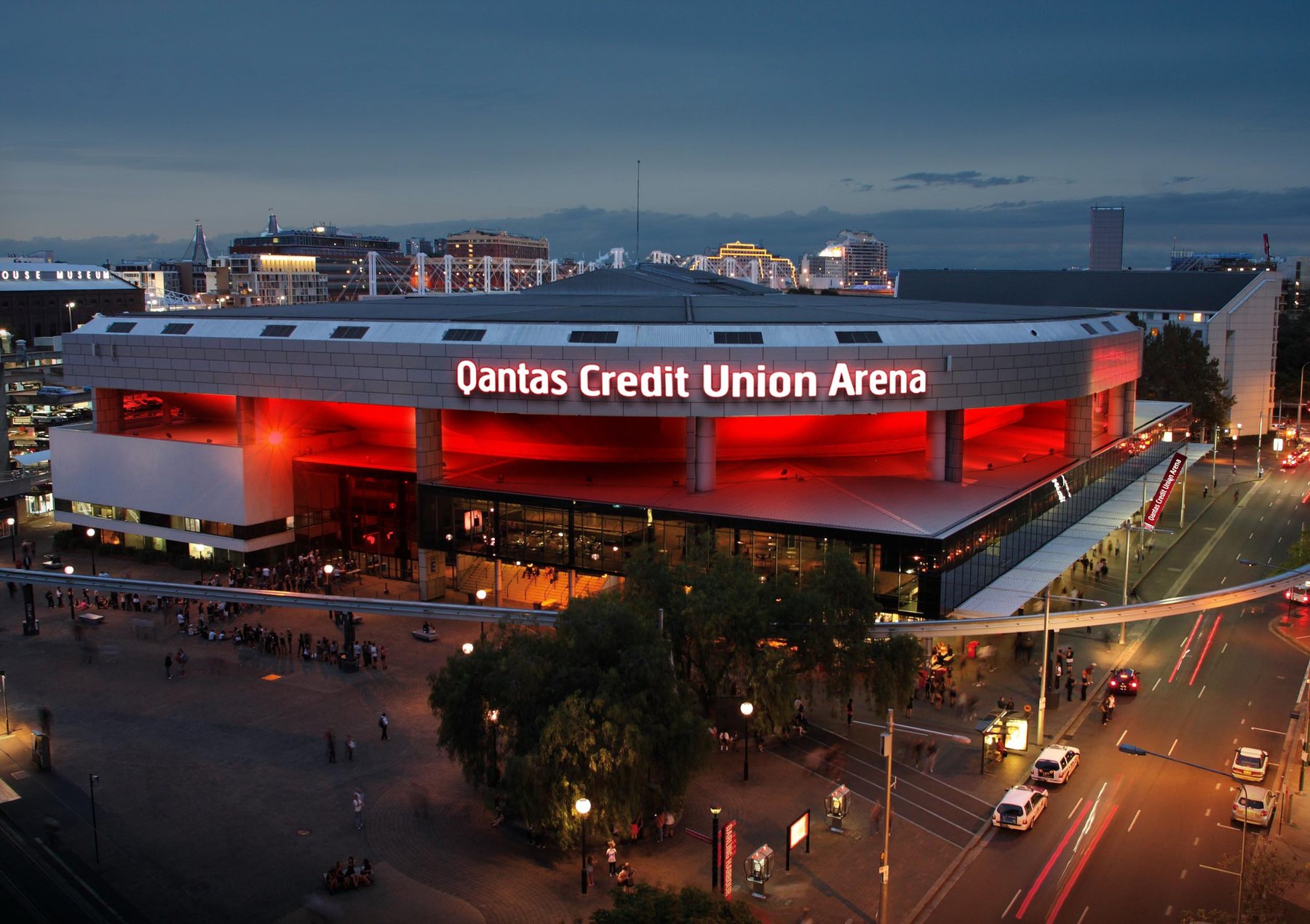 Qantas Credit Union Arena at dusk